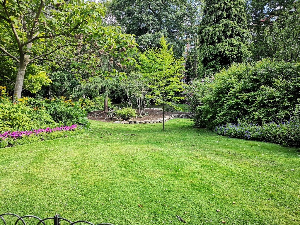 A lush garden lawn sloping down towards flower beds, shrubs and tall tress.