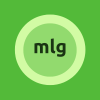 The company logo contains the letter mlg within a light green circle surrounded by thin circular melon coloured band placed on a grass green background.